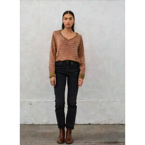 Land's End‎ Women's Striped Sweater 2X Tan Pink V-Neck Preppy Academia Soft Girl